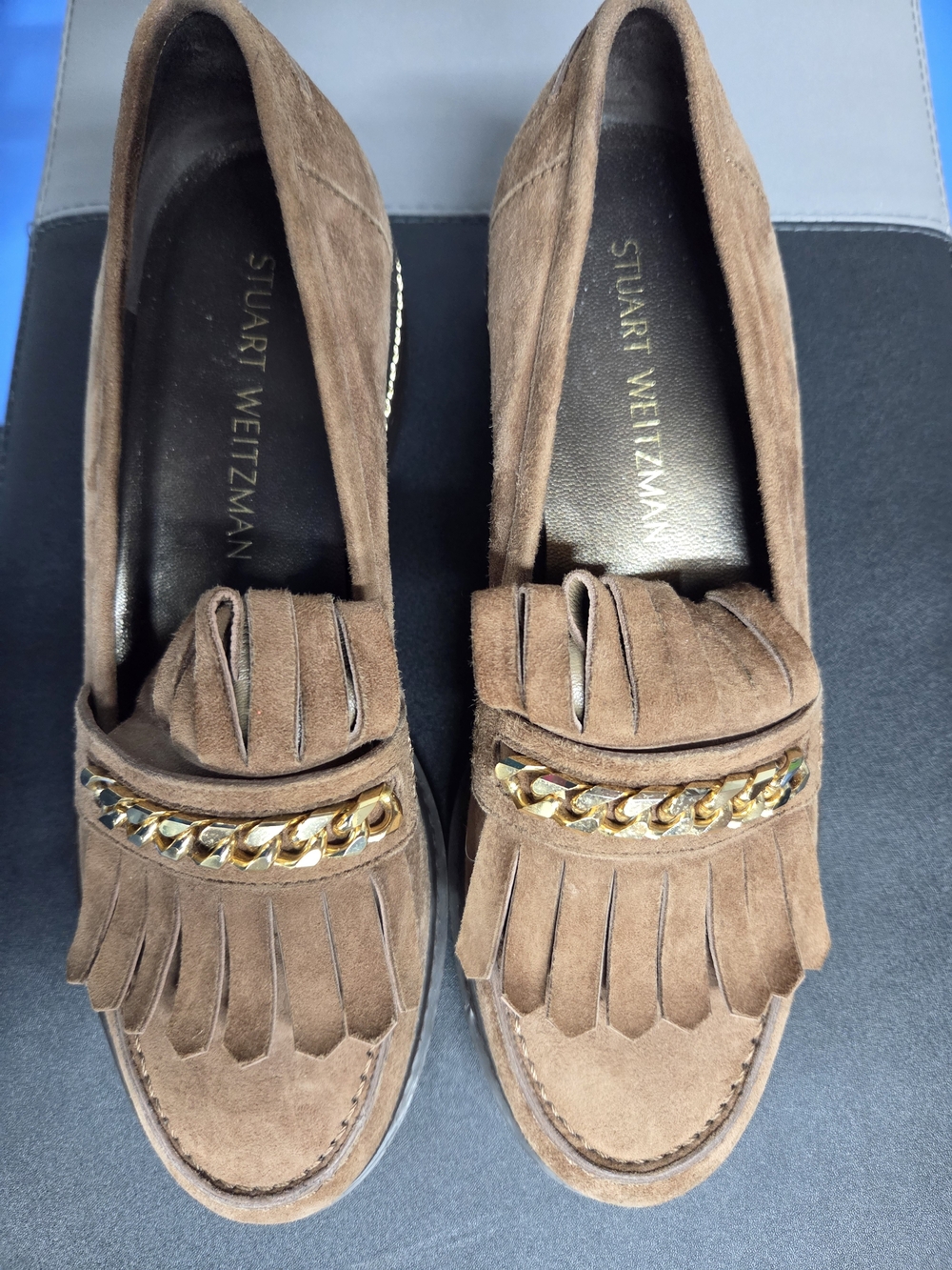 Stuart Weitzman Brown Suede Fringe Loafers with Gold Chain
